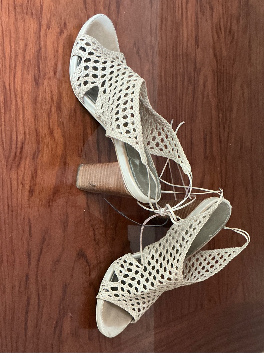 b. makowsky Cream Woven Lace-Up Block Heel Sandals